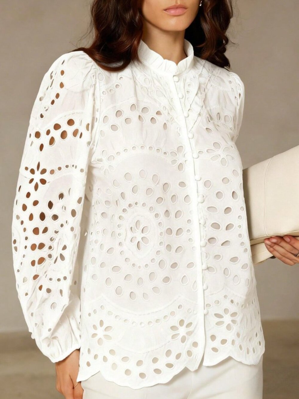 White Casual Women's Embroidered Hollow-Out Pleated Front Long Sleeve Blouse - Picture 6 of 8